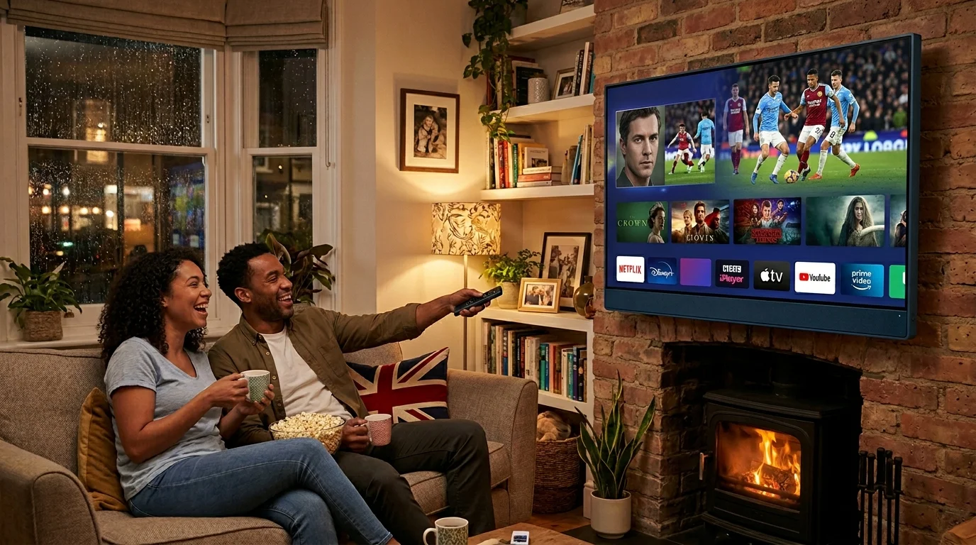 UK family enjoying IPTV streaming on smart TV