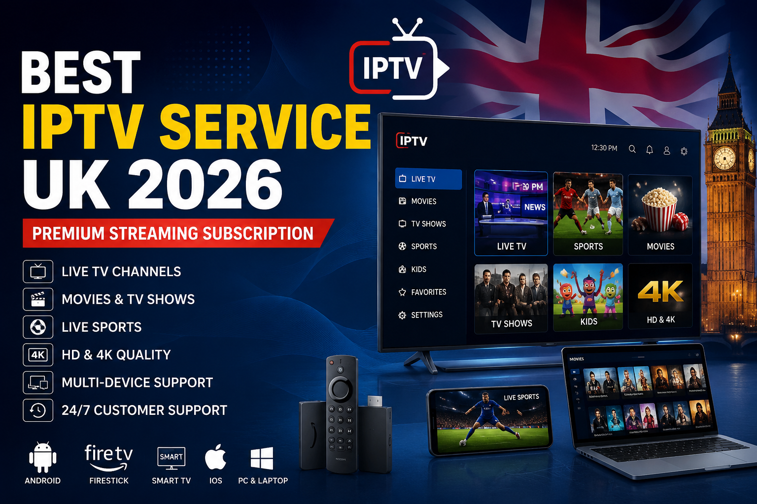 Best IPTV Service UK 2026 premium streaming subscription on Smart TV in the UK