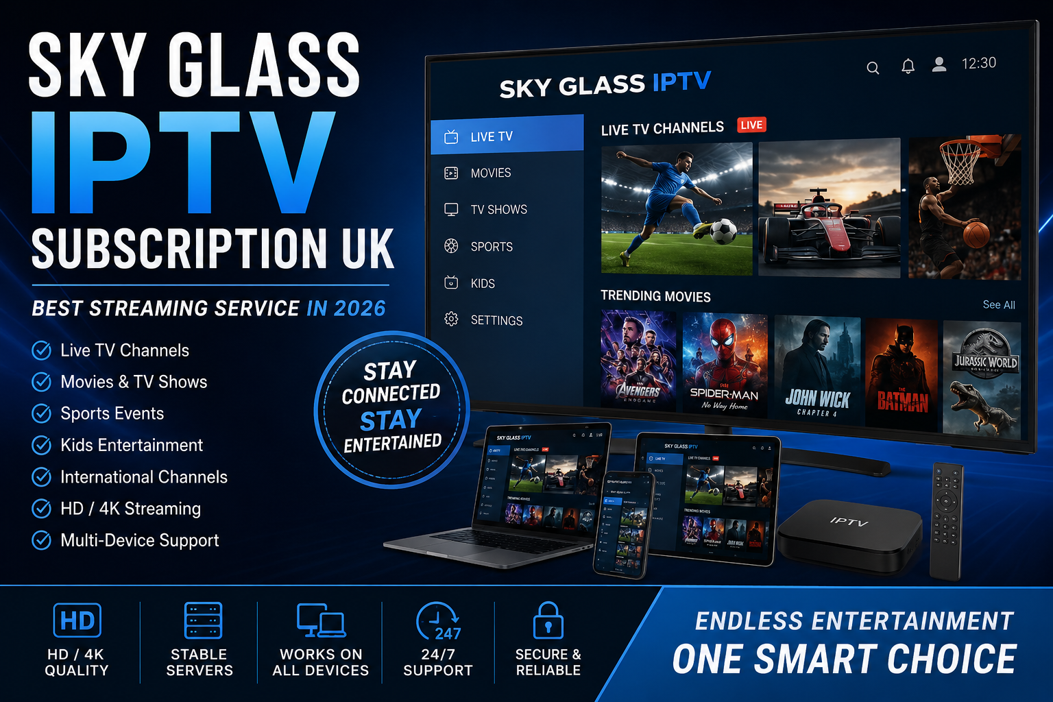 Sky Glass IPTV Subscription UK promotional banner showing live TV channels, sports streaming, movies, HD and 4K IPTV service with multi-device support for UK users in 2026.