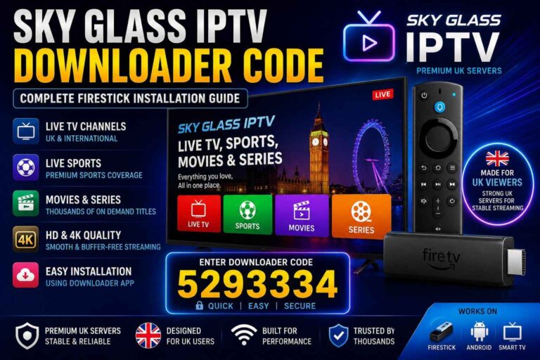 Sky Glass IPTV Downloader Code 5293334 for Firestick installation with premium UK IPTV streaming service